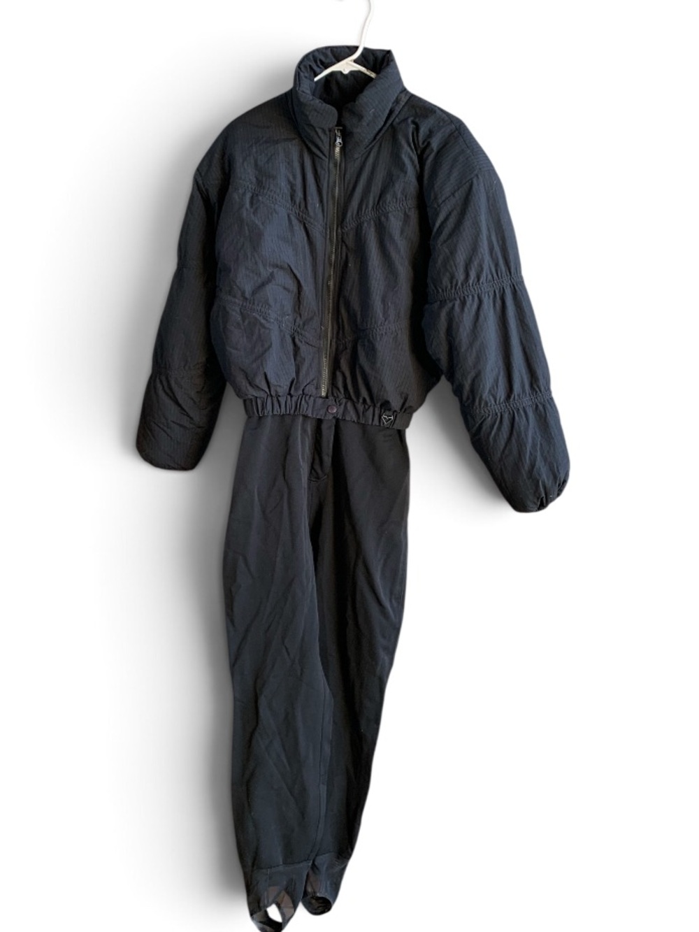 Vintage 80s 90s Black One Piece Ski Suit Puffer Top Stirrup Pants Apres Ski